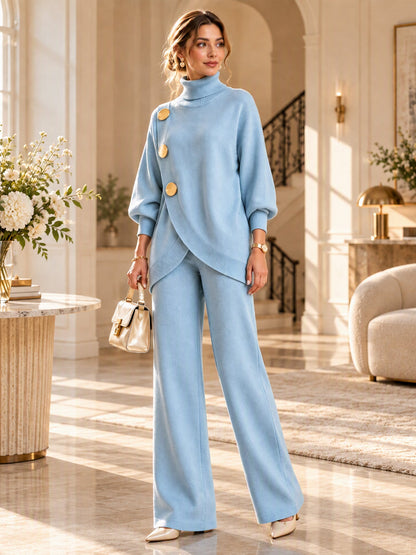 Women's Elegant Turtleneck Sweater & Wide-Leg Pants Set