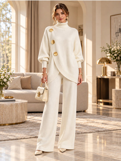 Women's Elegant Turtleneck Sweater & Wide-Leg Pants Set
