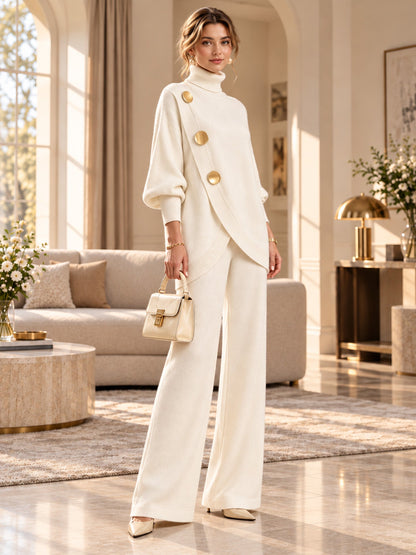 Women's Elegant Turtleneck Sweater & Wide-Leg Pants Set