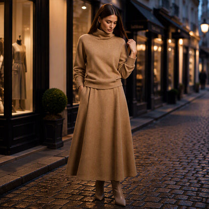 💞 Two Pieces, Effortlessly Elegant ❄️ Women's Turtleneck Top & Maxi Skirt Set