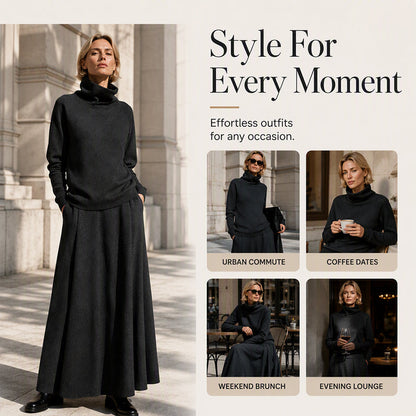 💞 Two Pieces, Effortlessly Elegant ❄️ Women's Turtleneck Top & Maxi Skirt Set