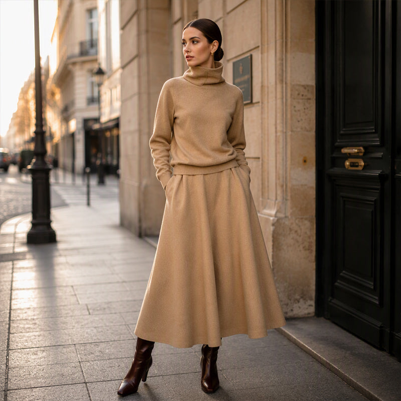 💞 Two Pieces, Effortlessly Elegant ❄️ Women's Turtleneck Top & Maxi Skirt Set