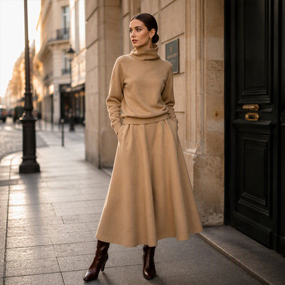 💞 Two Pieces, Effortlessly Elegant ❄️ Women's Turtleneck Top & Maxi Skirt Set