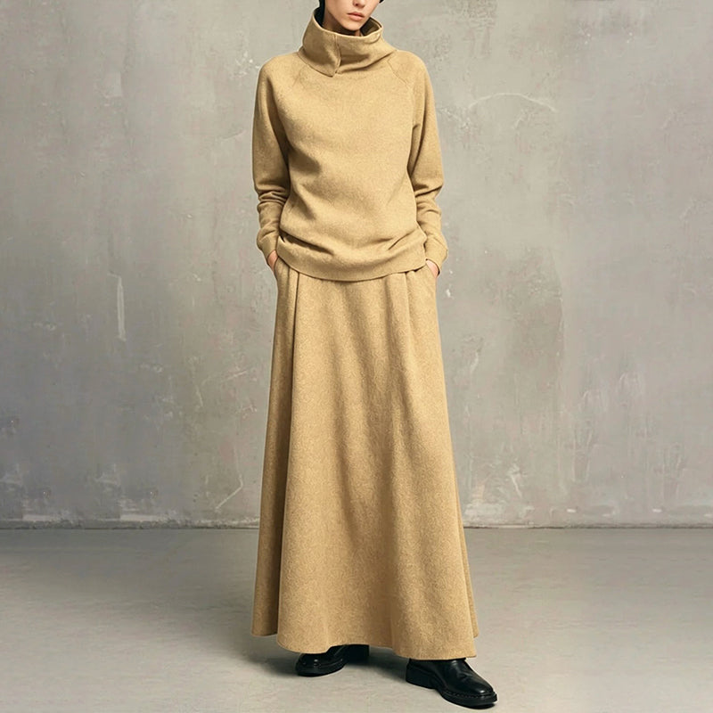 💞 Two Pieces, Effortlessly Elegant ❄️ Women's Turtleneck Top & Maxi Skirt Set